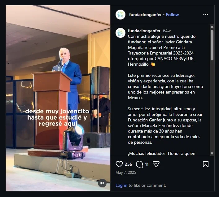 Publicación en Instagram de Javier Gándara Magaña dando un discurso en la entrega de un reconocimiento.