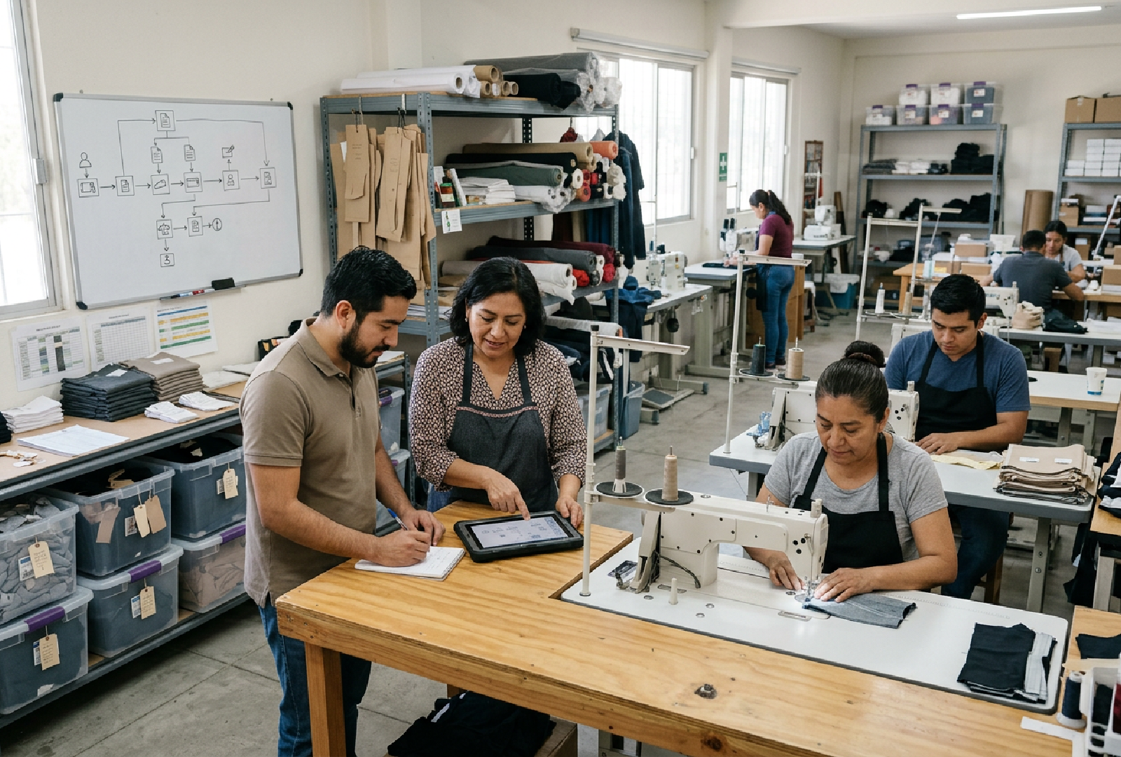 Empresario y encargada de taller revisando una tablet en una planta de confección textil con máquinas de coser