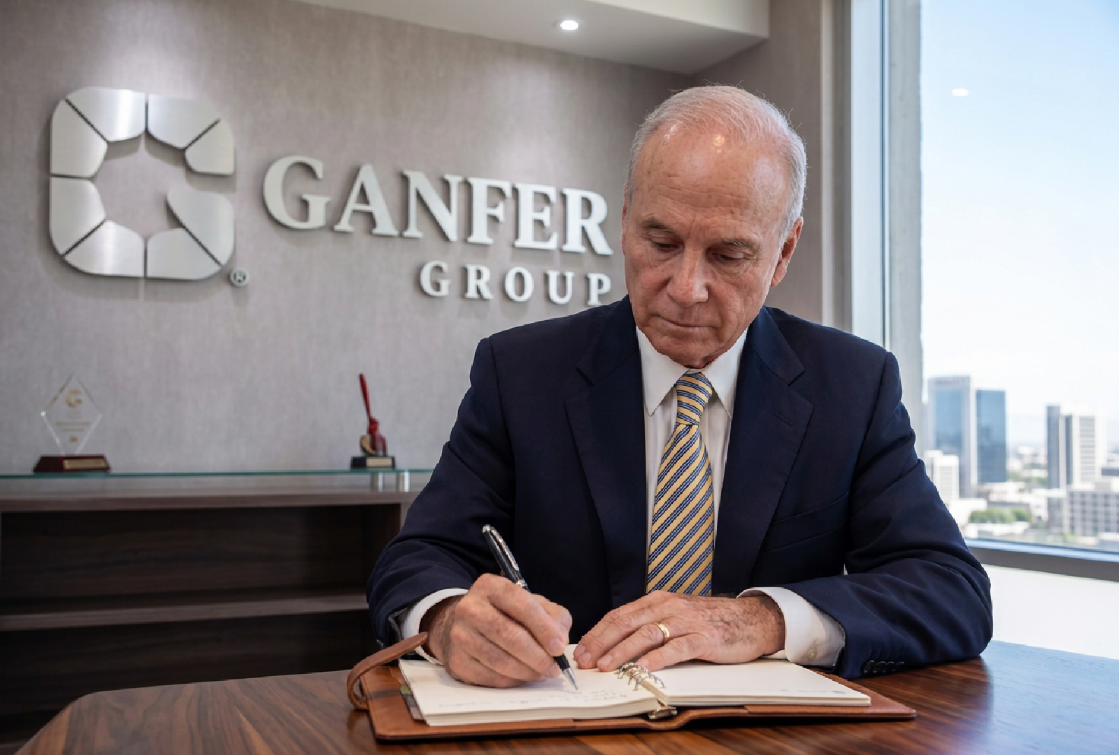 Javier Gándara Magaña firmando documentos en las oficinas de Ganfer Group